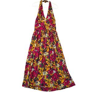 Depeche Mode Dress Womens Size 14 Red Yellow Floral Halter Maxi Rayon Made USA